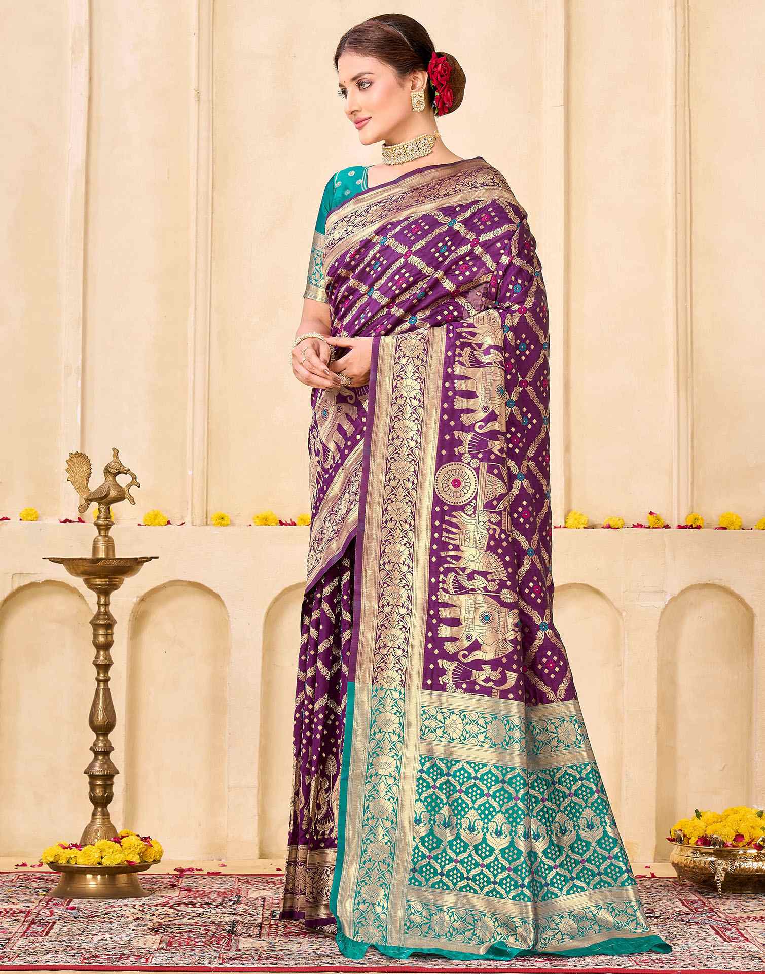 Dark Purple Silk Woven Banarasi Saree - Image 4
