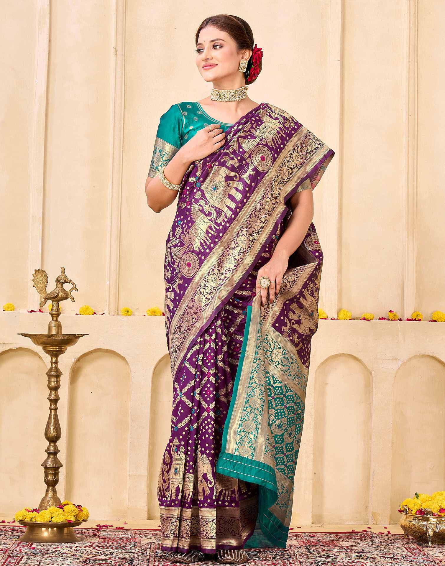 Dark Purple Silk Woven Banarasi Saree - Image 5
