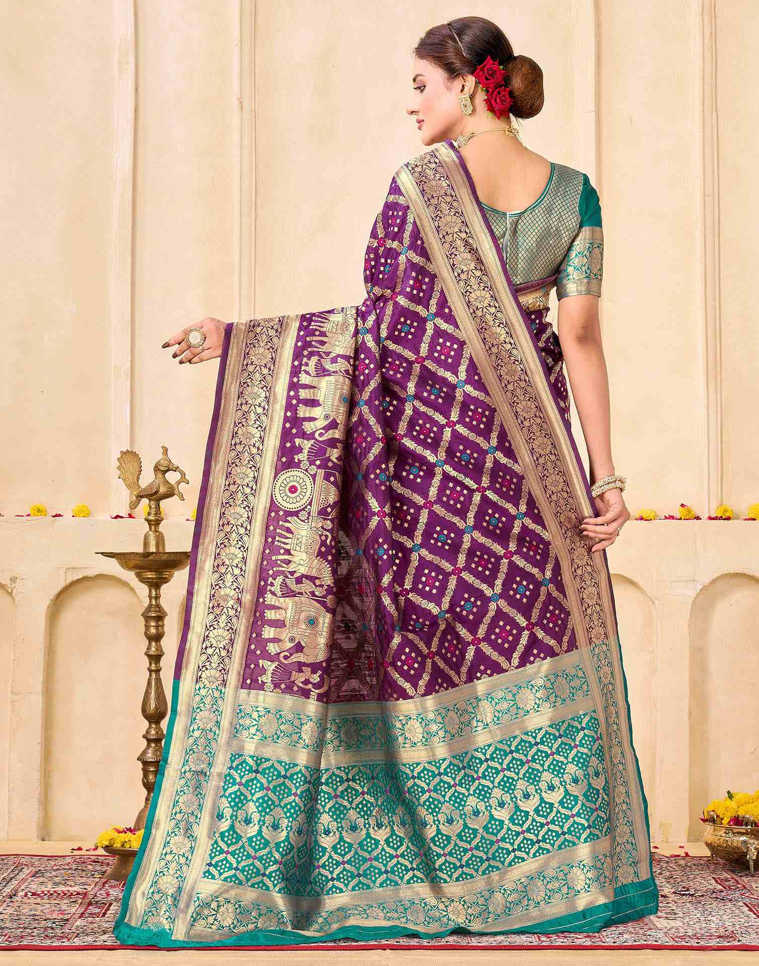 Dark Purple Silk Woven Banarasi Saree - Image 6