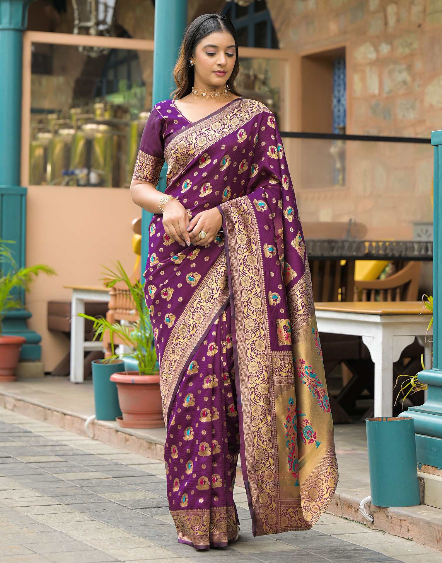 Dark Purple Silk Woven Banarasi Saree - Image 2