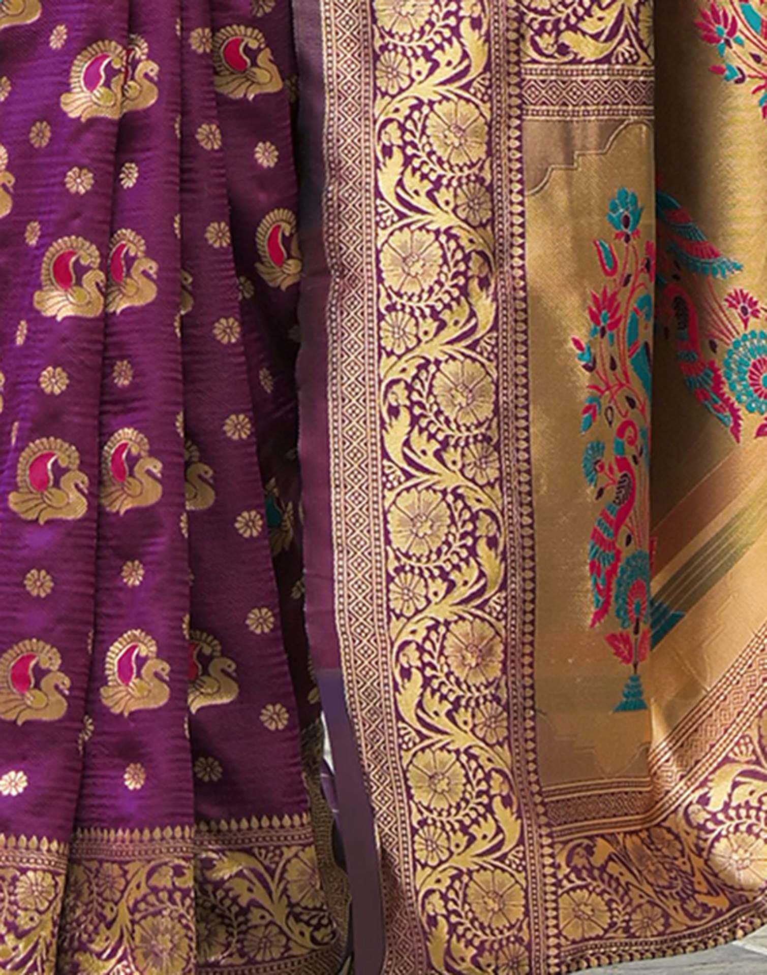 Dark Purple Silk Woven Banarasi Saree - Image 8