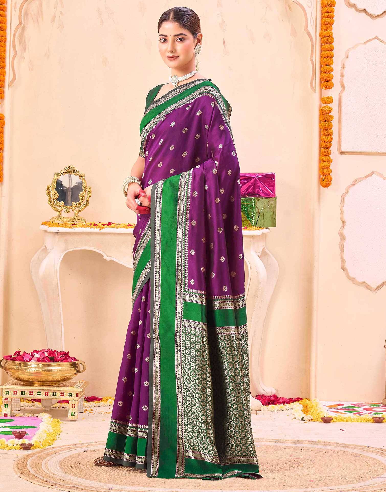 Dark Purple Silk Woven Banarasi Saree - Image 3