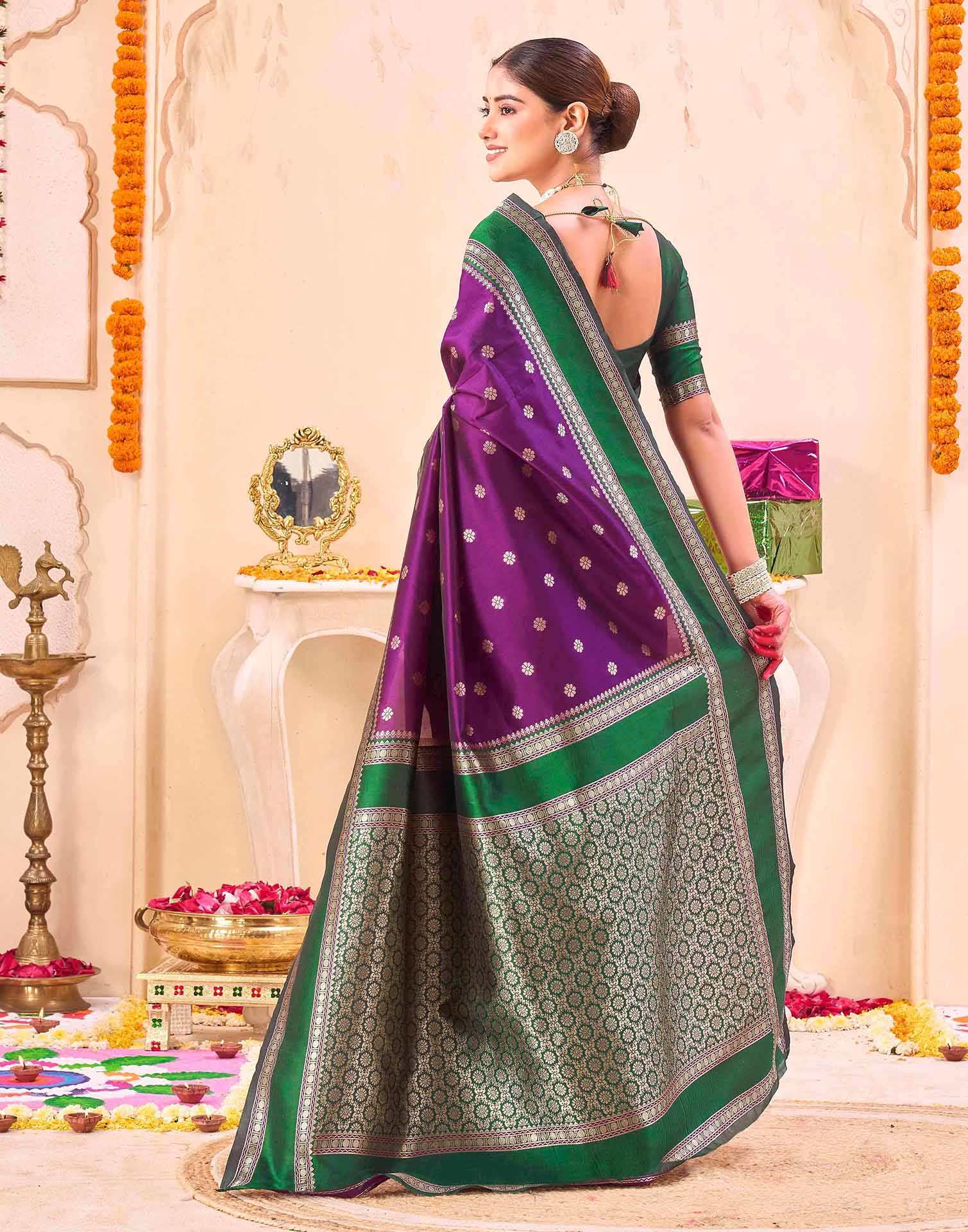 Dark Purple Silk Woven Banarasi Saree - Image 5