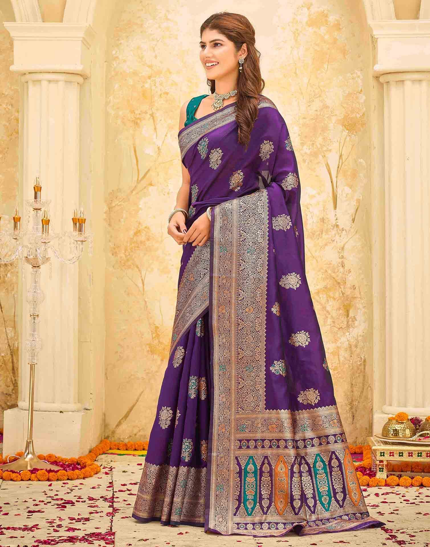 Dark Purple Silk Woven Banarasi Saree - Image 4