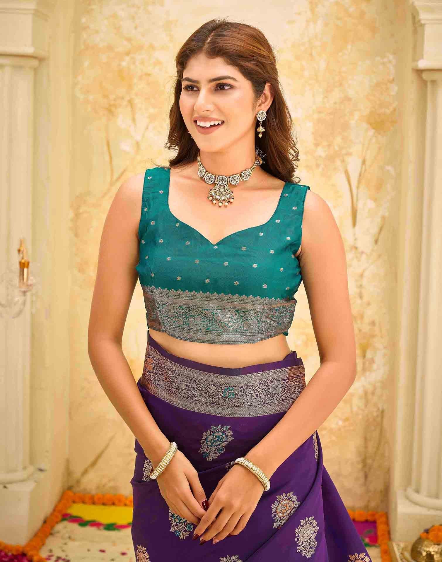Dark Purple Silk Woven Banarasi Saree - Image 7