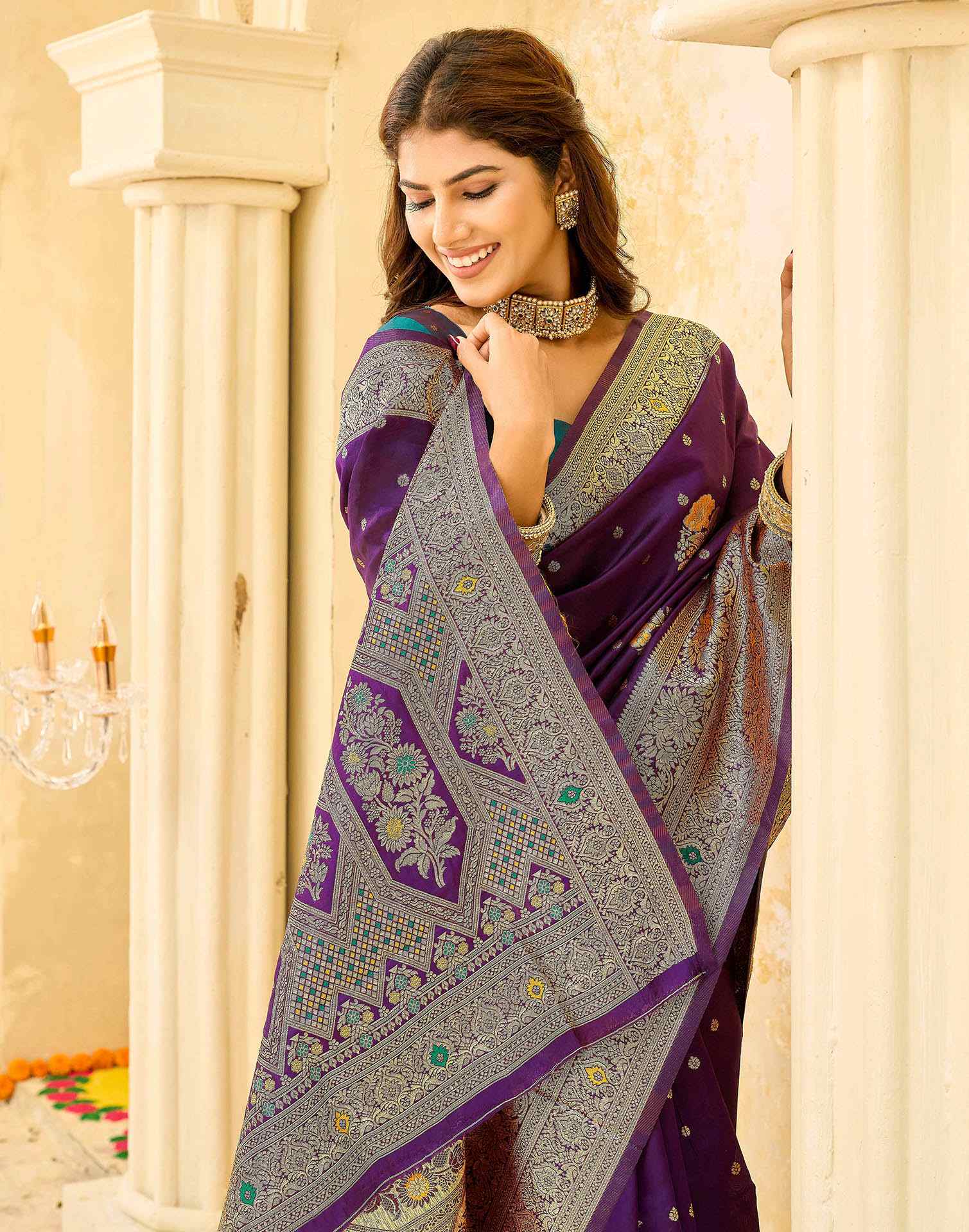 Dark Purple Silk Woven Banarasi Saree - Image 2