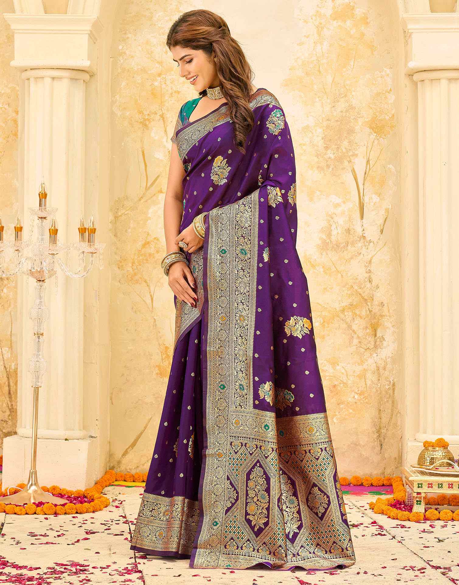 Dark Purple Silk Woven Banarasi Saree - Image 4