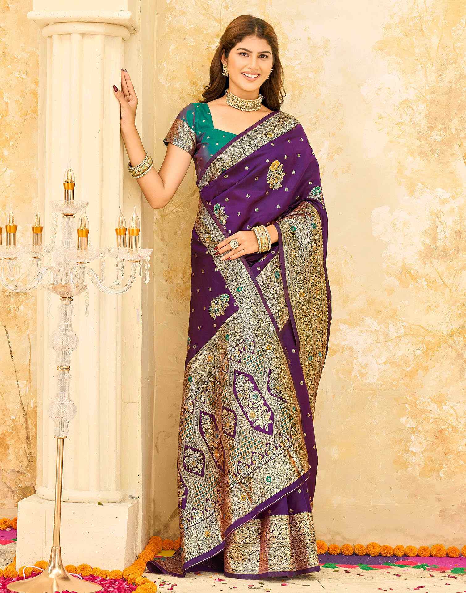 Dark Purple Silk Woven Banarasi Saree - Image 5