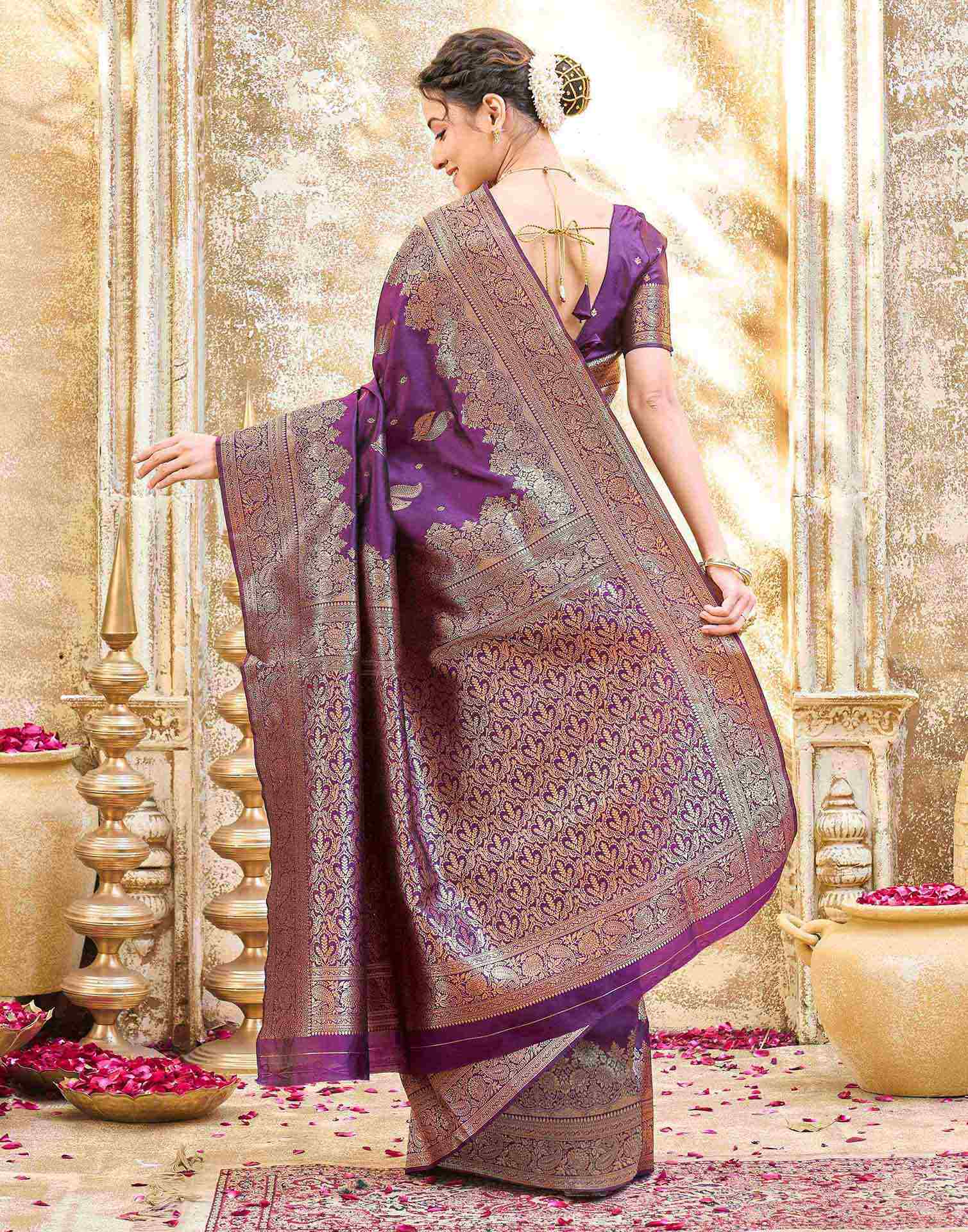 Dark Purple Silk Woven Banarasi Saree - Image 6