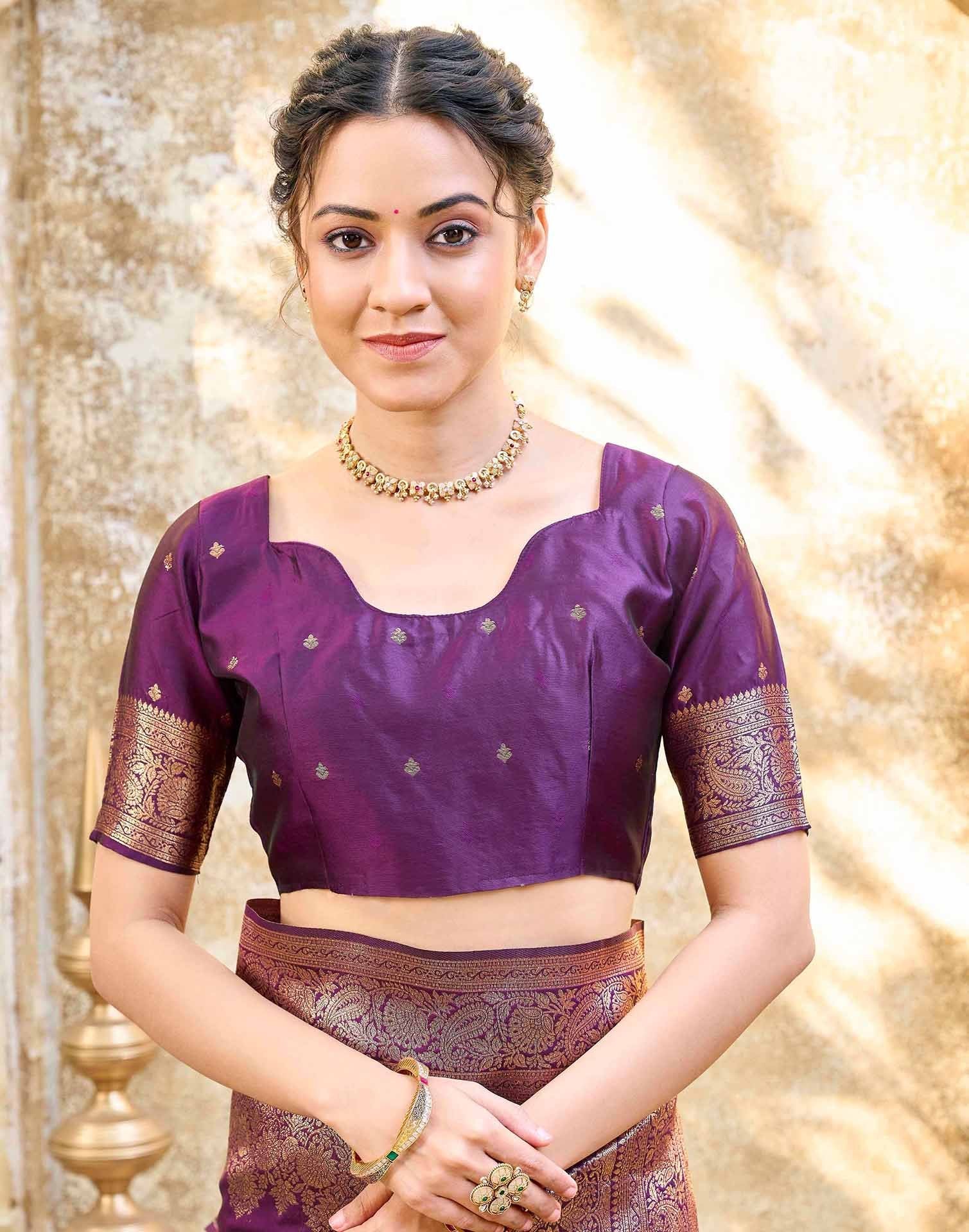 Dark Purple Silk Woven Banarasi Saree - Image 7