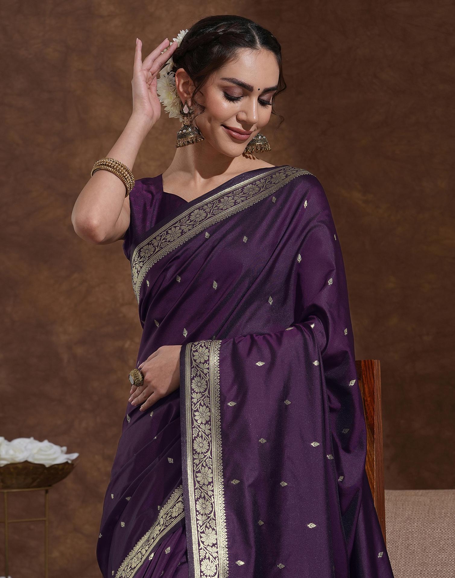 Dark Purple Silk Woven Banarasi Saree - Image 2