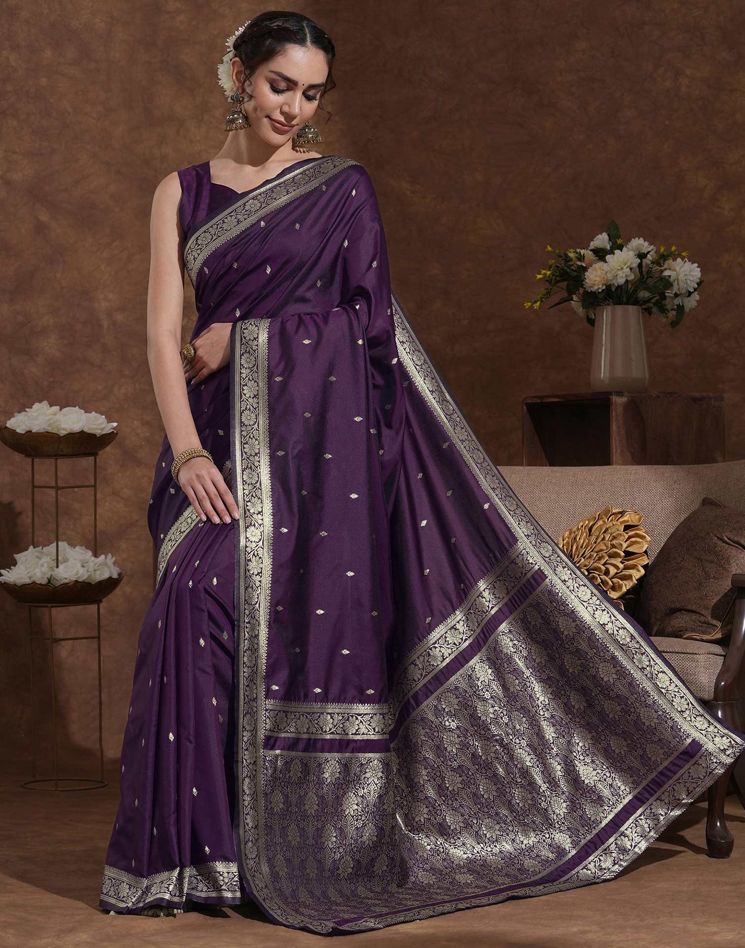 Dark Purple Silk Woven Banarasi Saree - Image 5