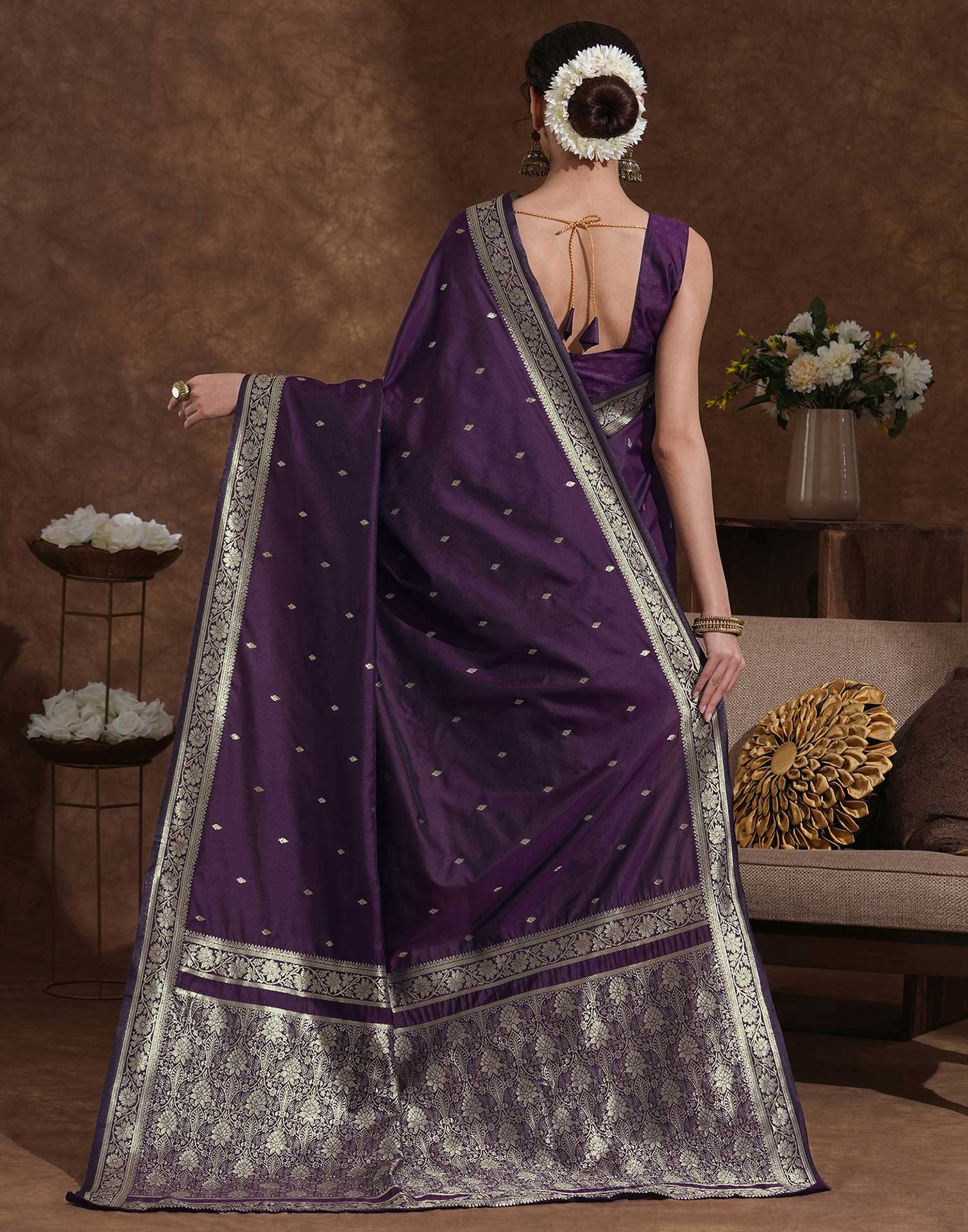 Dark Purple Silk Woven Banarasi Saree - Image 6