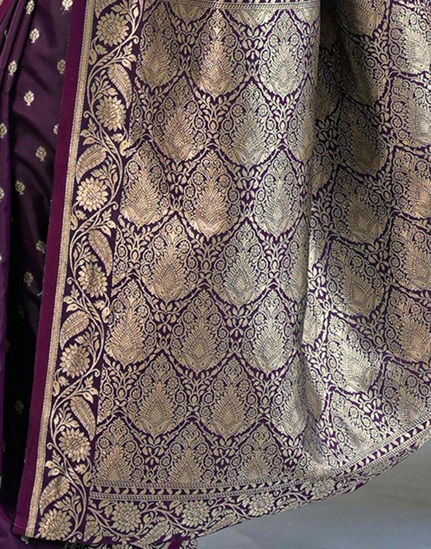 Dark Purple Silk Woven Banarasi Saree - Image 10