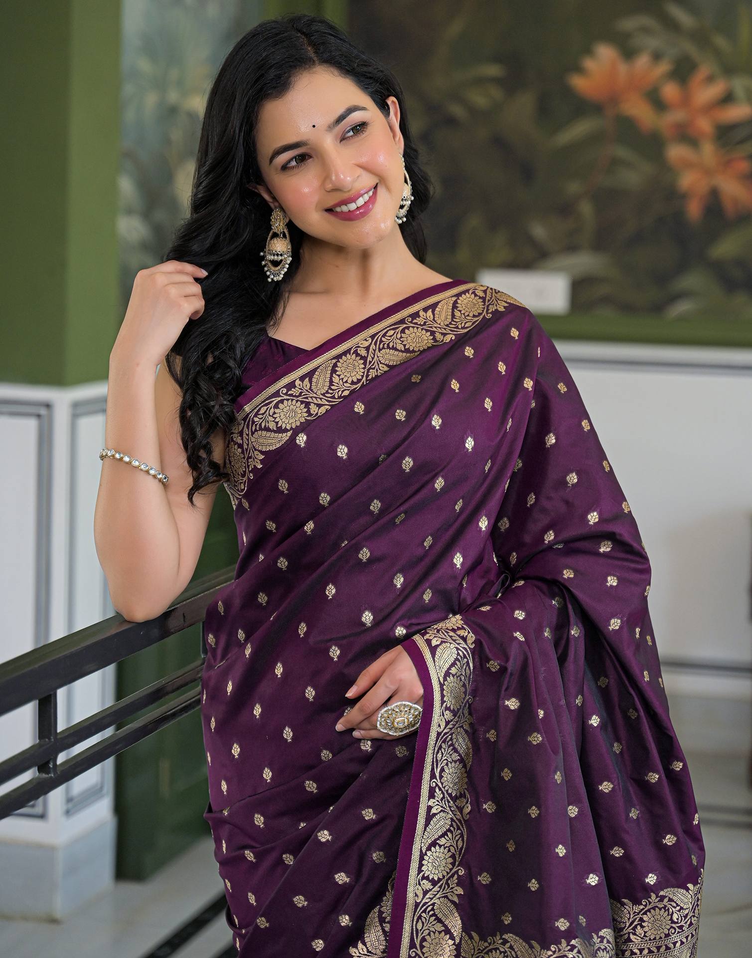 Dark Purple Silk Woven Banarasi Saree - Image 2