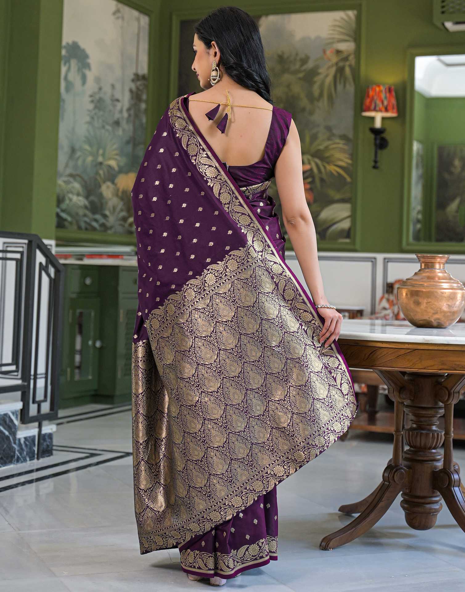 Dark Purple Silk Woven Banarasi Saree - Image 6