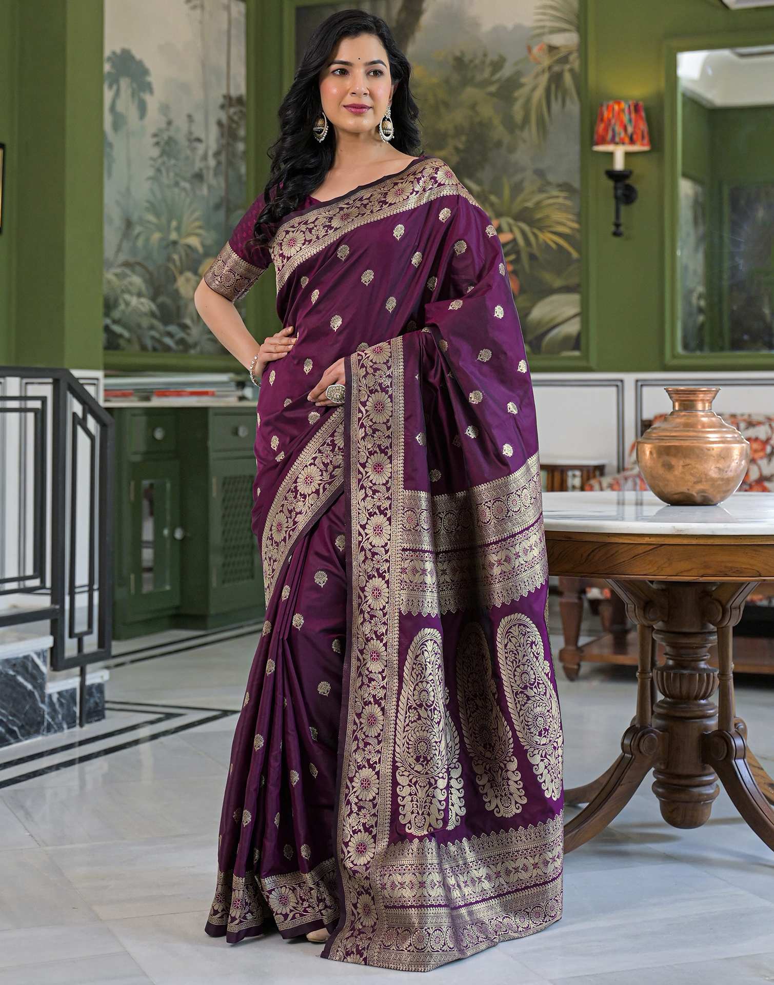 Dark Purple Silk Woven Banarasi Saree - Image 4