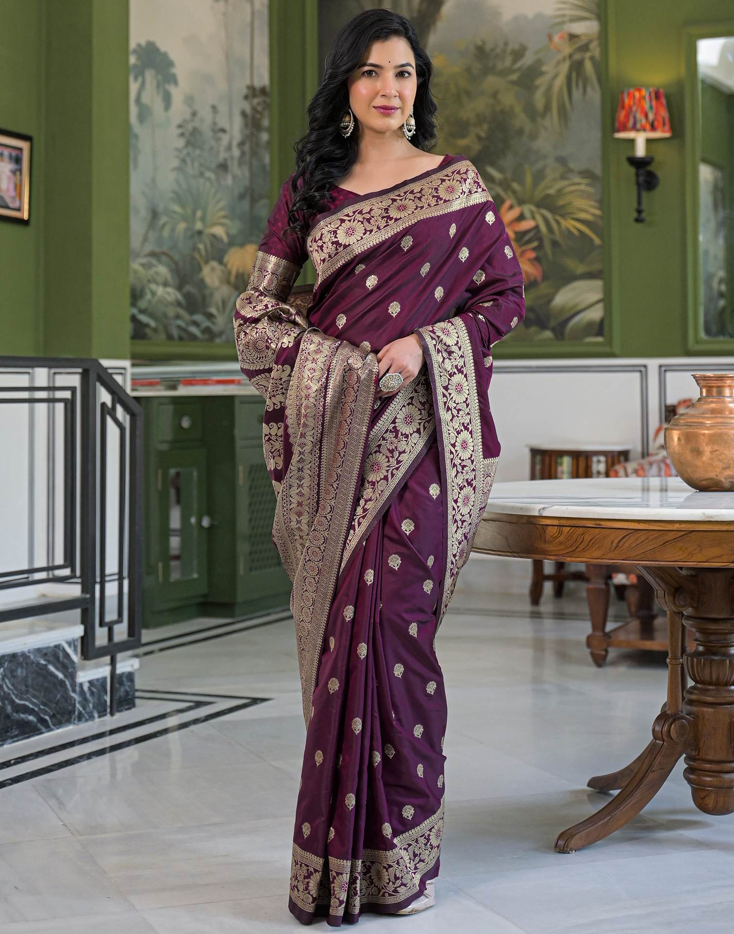 Dark Purple Silk Woven Banarasi Saree - Image 7