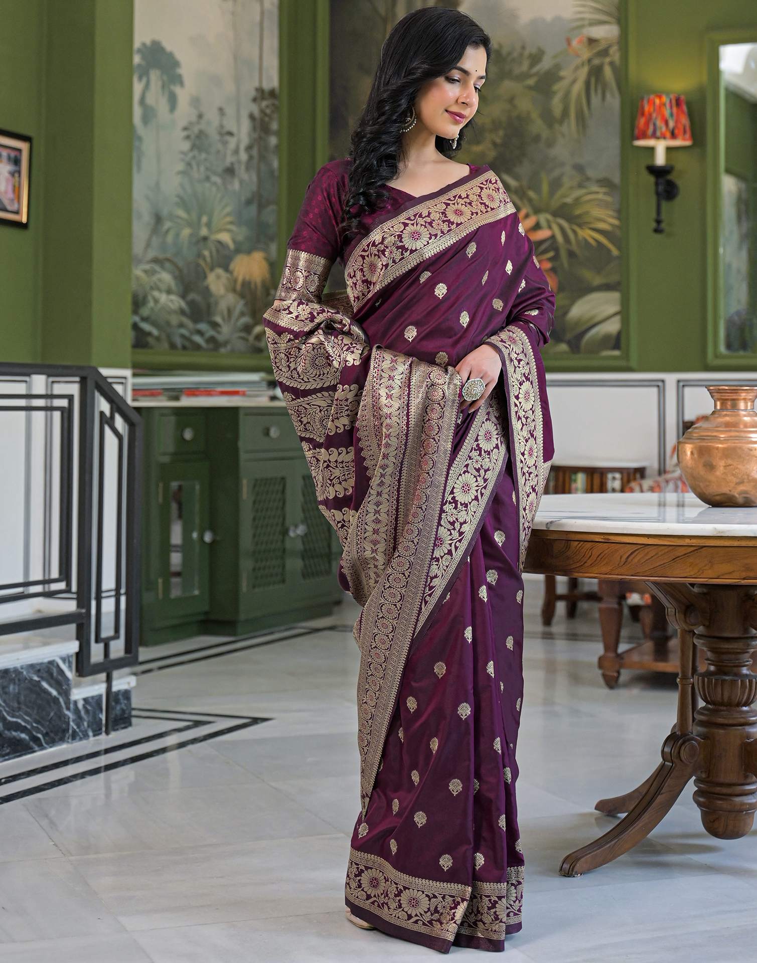 Dark Purple Silk Woven Banarasi Saree - Image 8