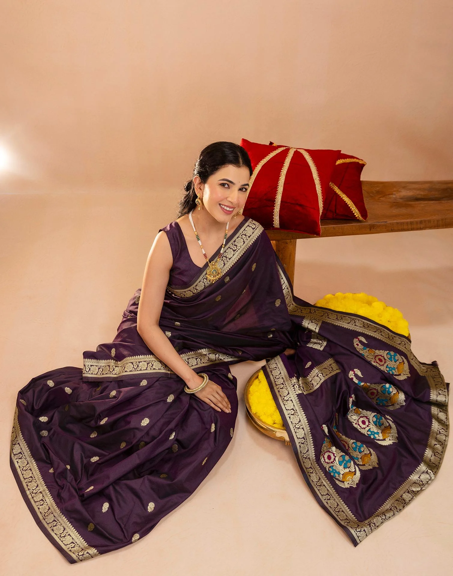 Dark Purple Silk Woven Banarasi Saree - Image 10