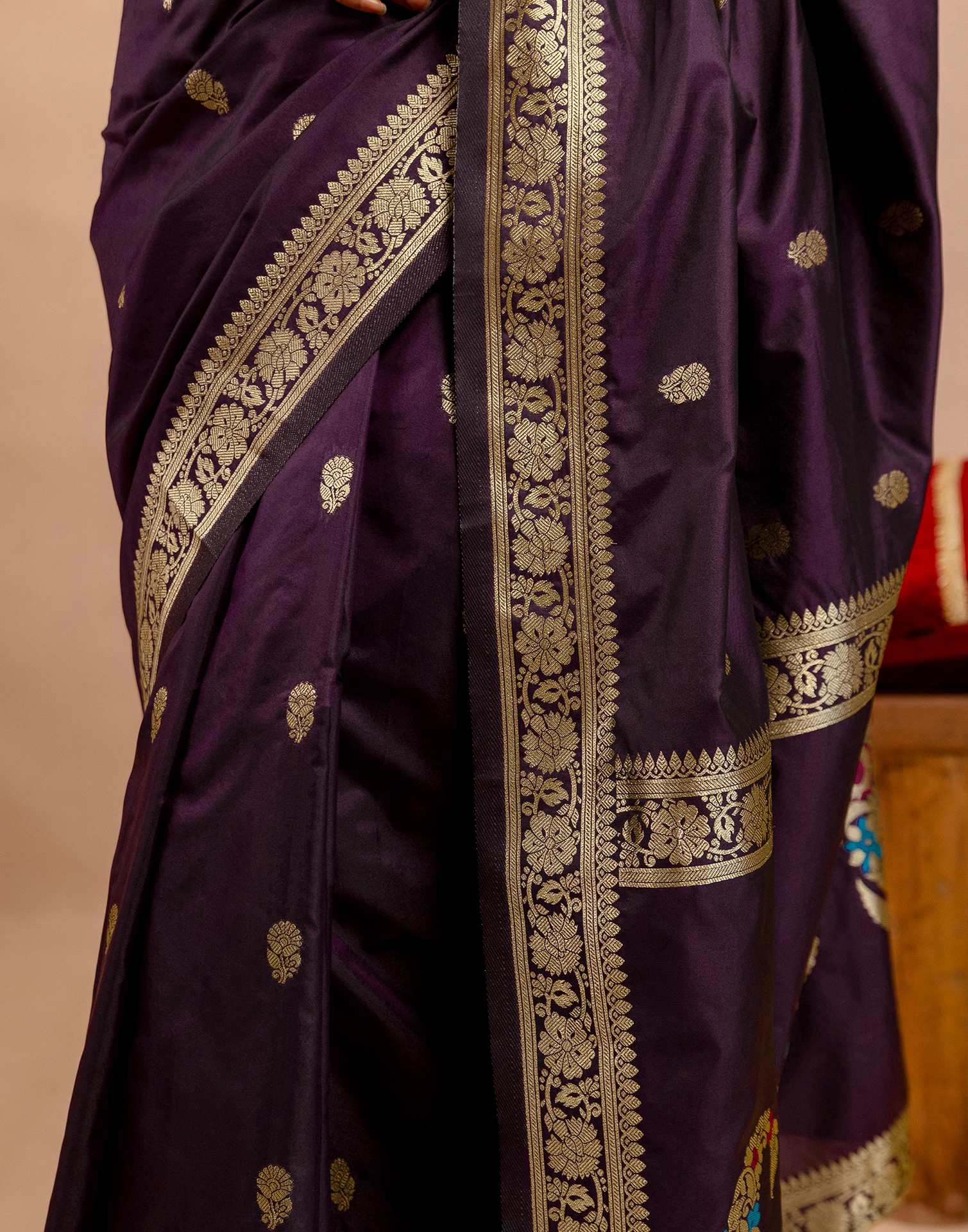 Dark Purple Silk Woven Banarasi Saree - Image 11