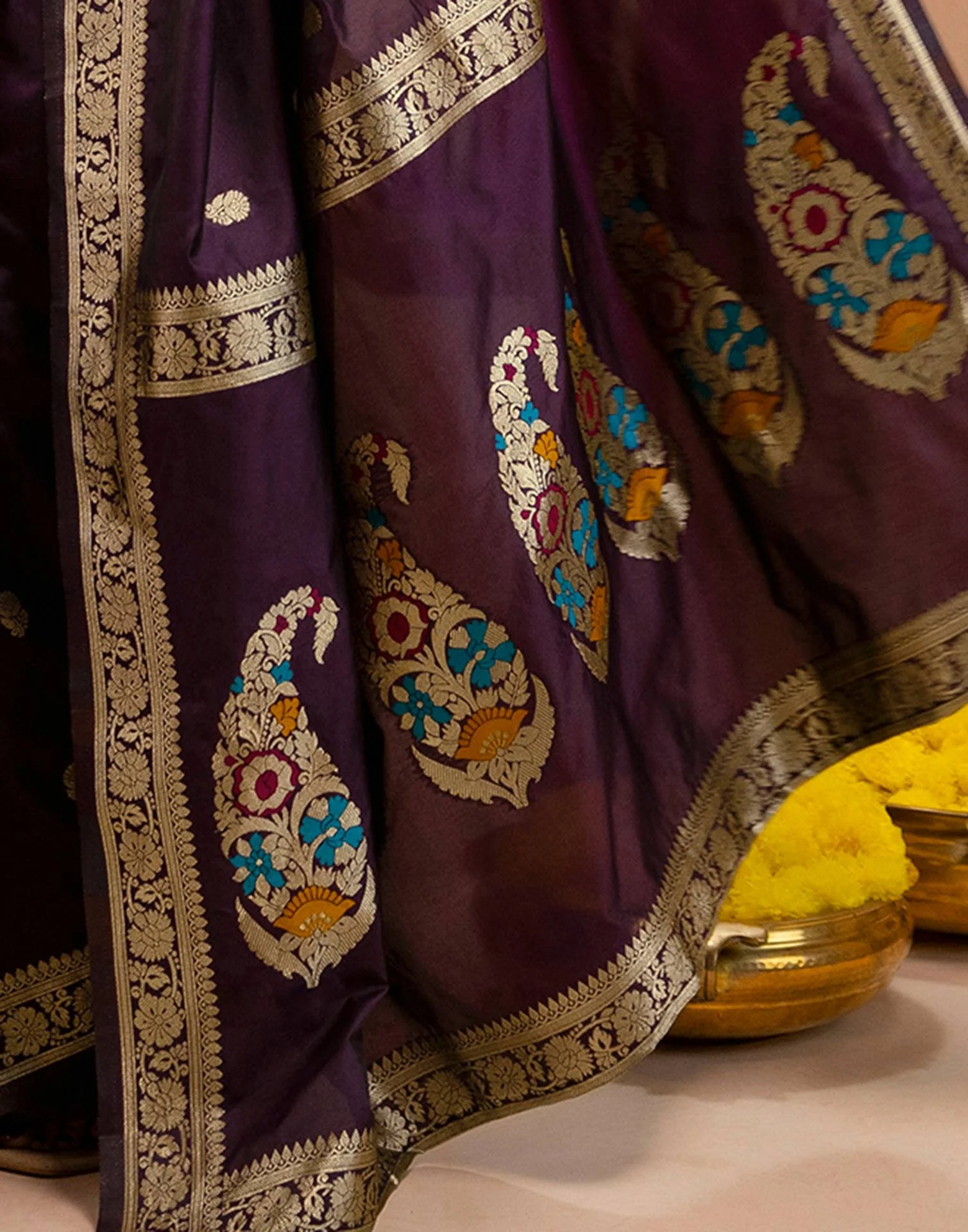 Dark Purple Silk Woven Banarasi Saree - Image 12