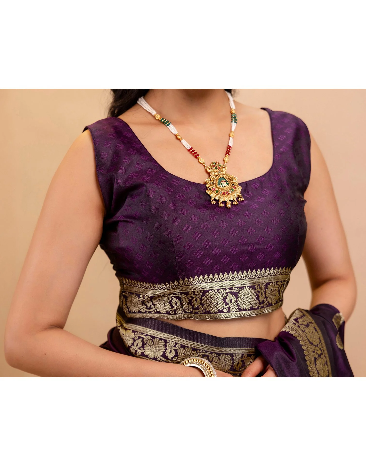 Dark Purple Silk Woven Banarasi Saree - Image 13