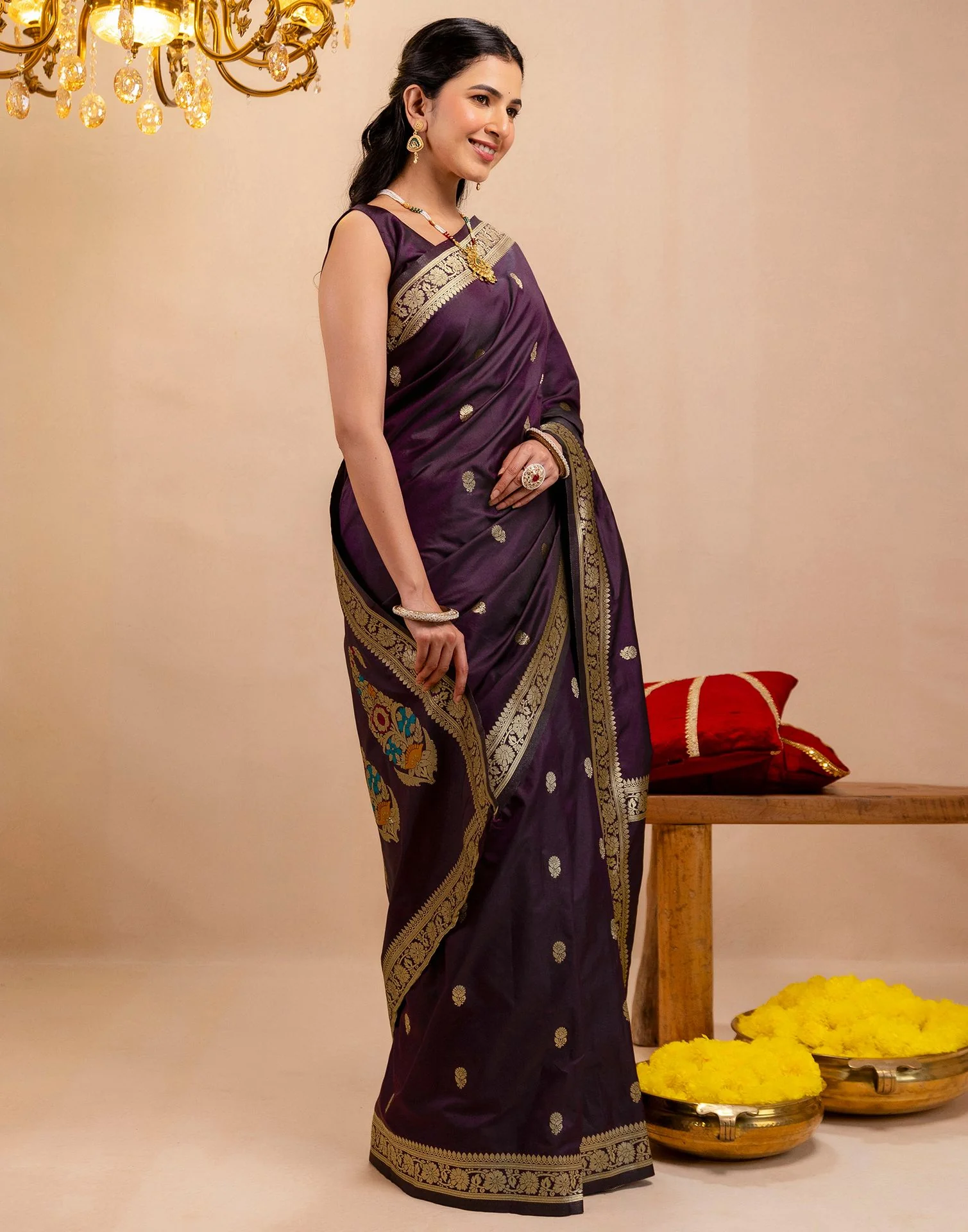 Dark Purple Silk Woven Banarasi Saree - Image 6