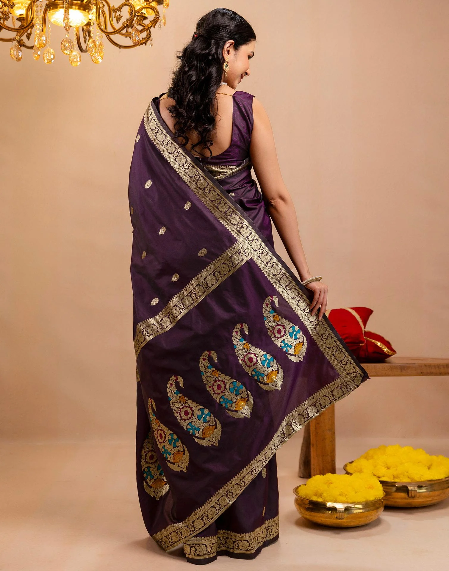Dark Purple Silk Woven Banarasi Saree - Image 7
