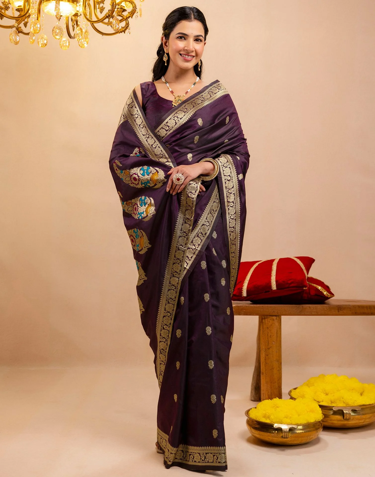 Dark Purple Silk Woven Banarasi Saree - Image 9