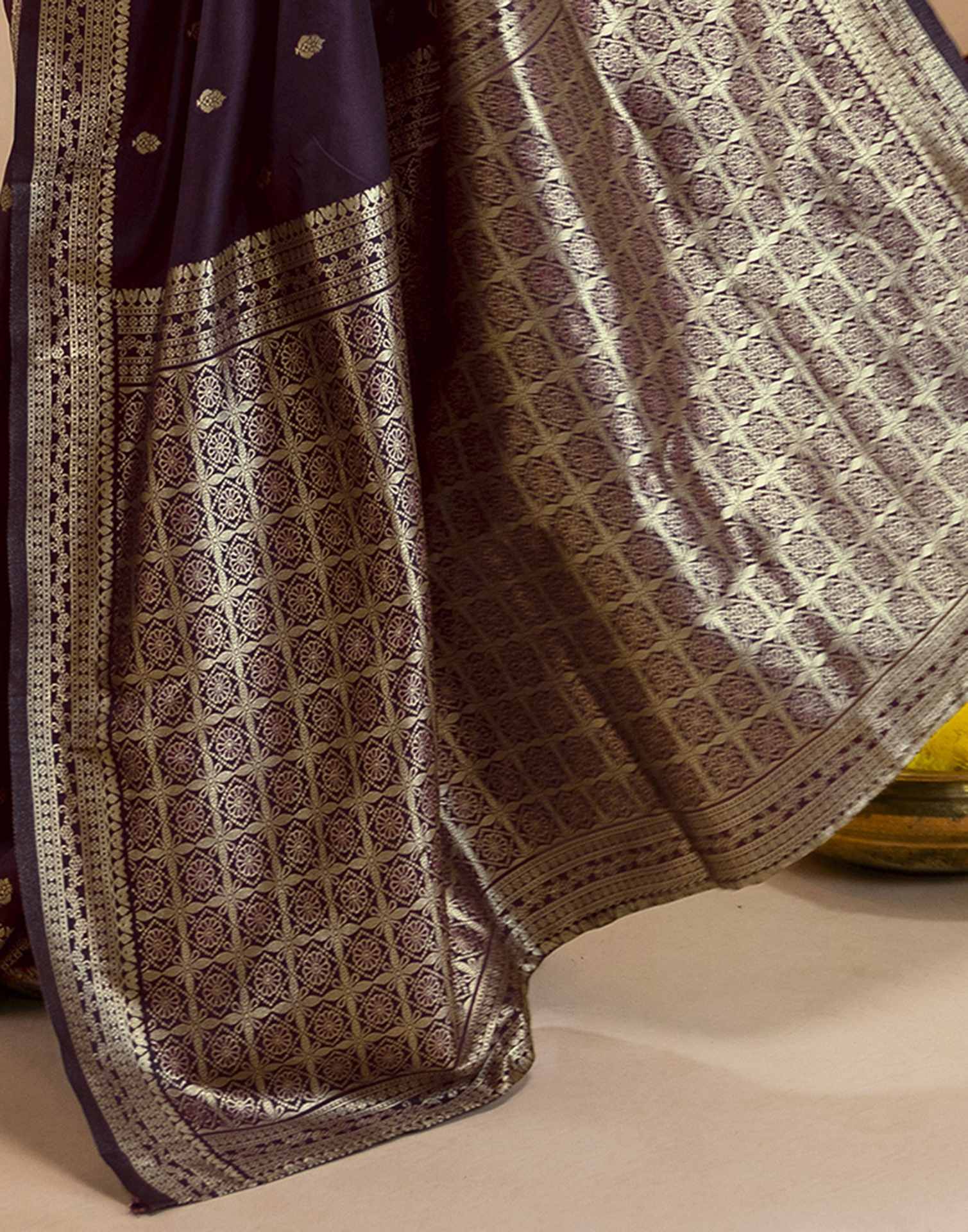 Dark Purple Silk Woven Banarasi Saree - Image 12