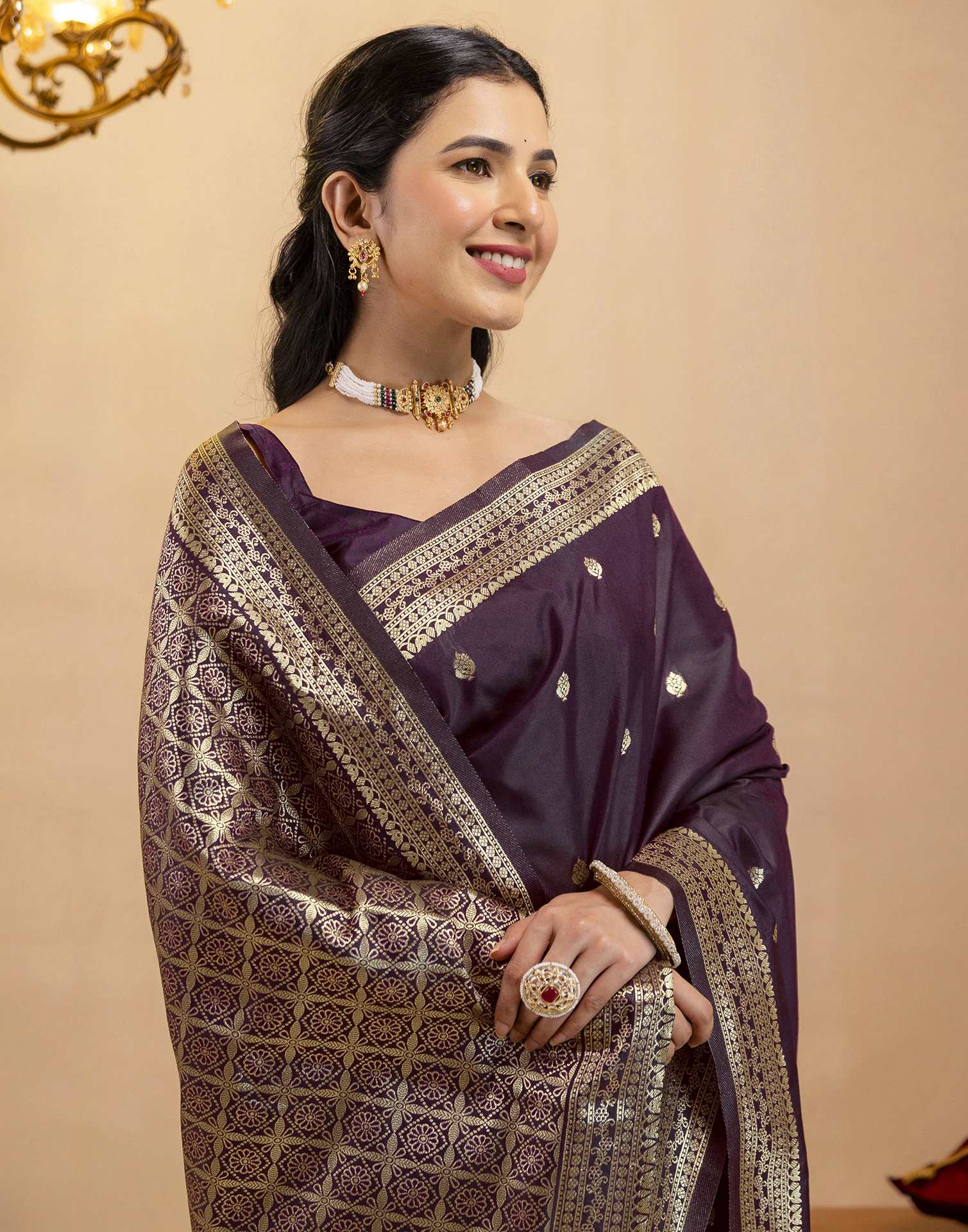 Dark Purple Silk Woven Banarasi Saree - Image 2