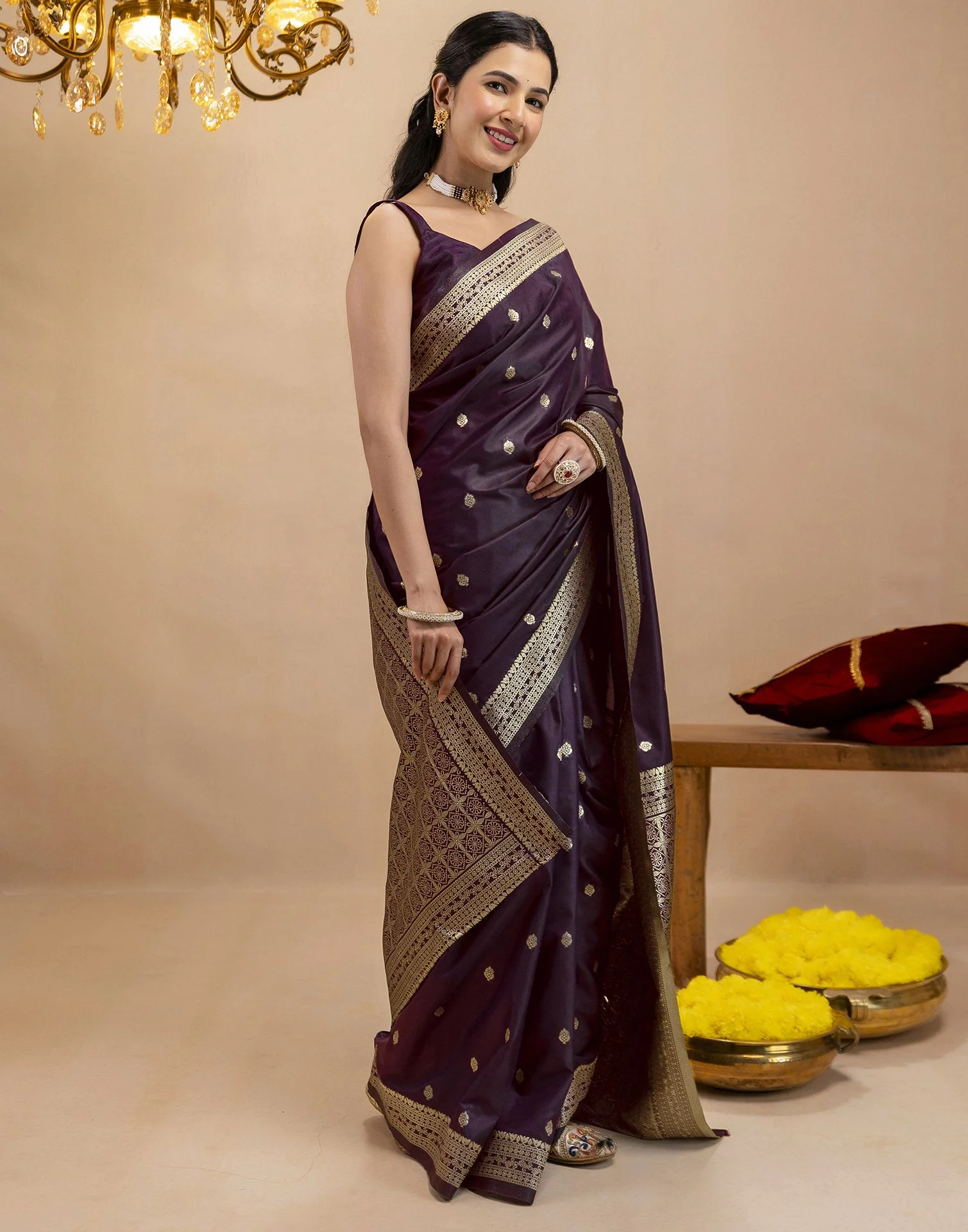 Dark Purple Silk Woven Banarasi Saree - Image 6