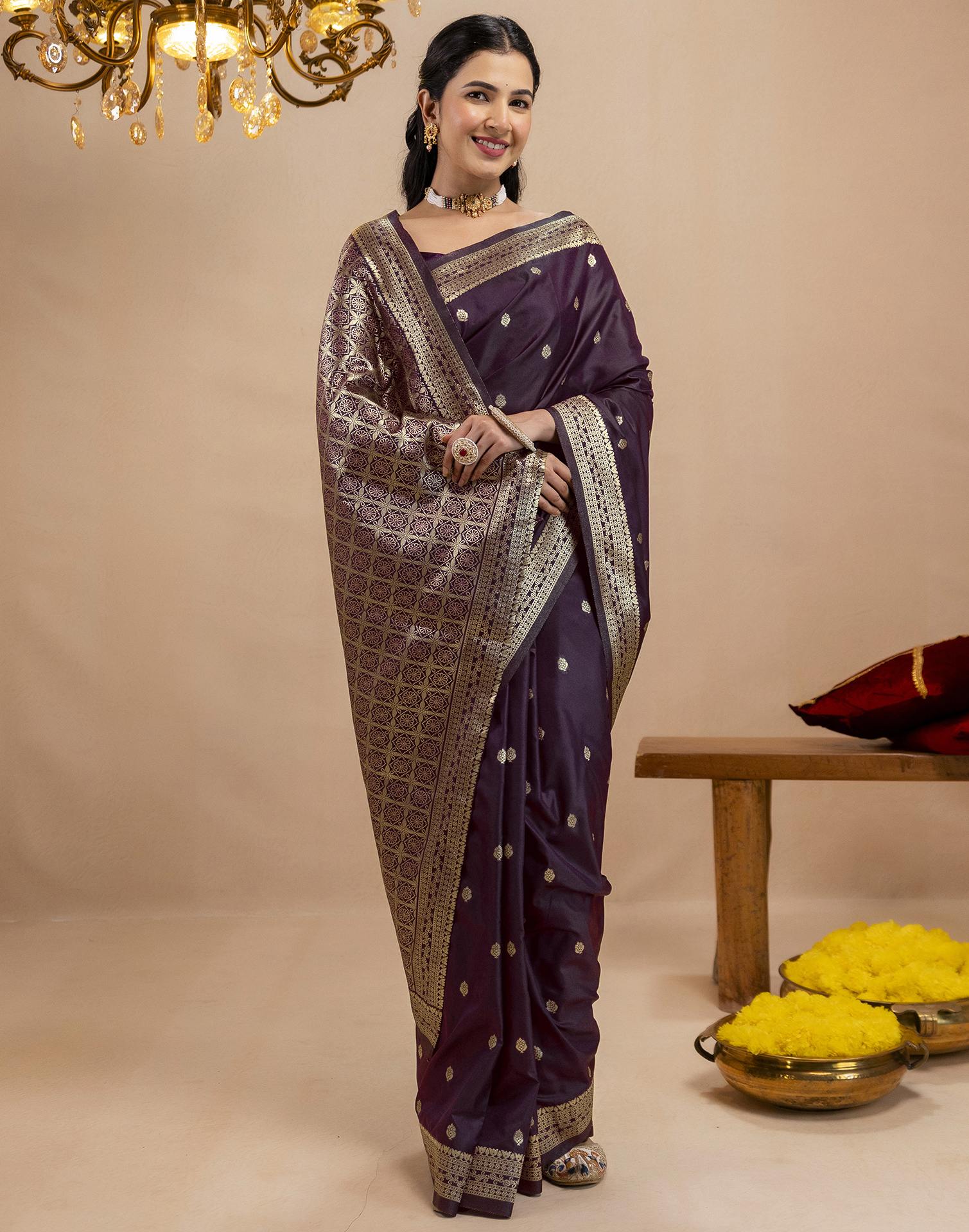 Dark Purple Silk Woven Banarasi Saree - Image 8