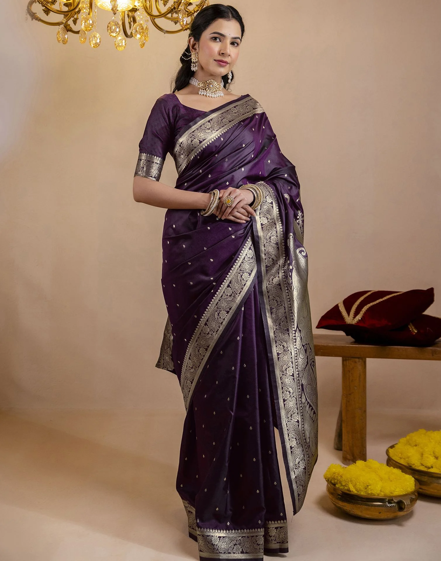 Dark Purple Silk Woven Banarasi Saree - Image 10