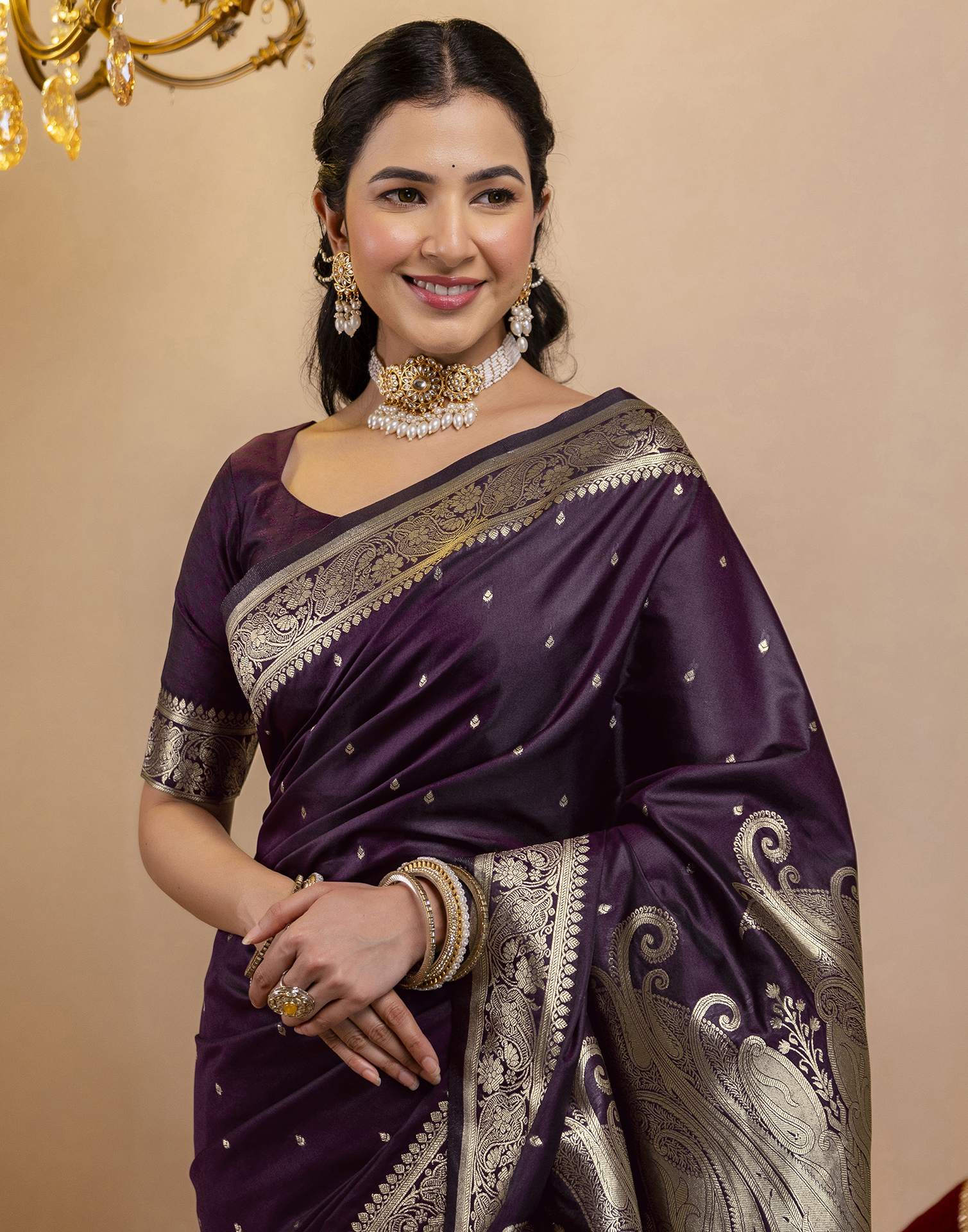 Dark Purple Silk Woven Banarasi Saree - Image 11