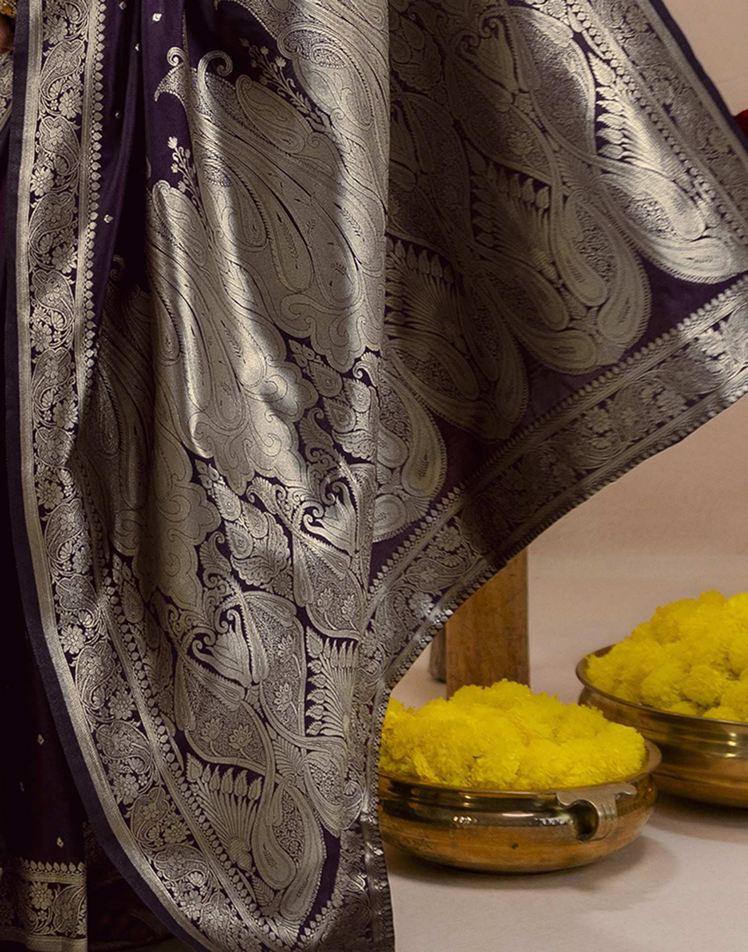 Dark Purple Silk Woven Banarasi Saree - Image 14