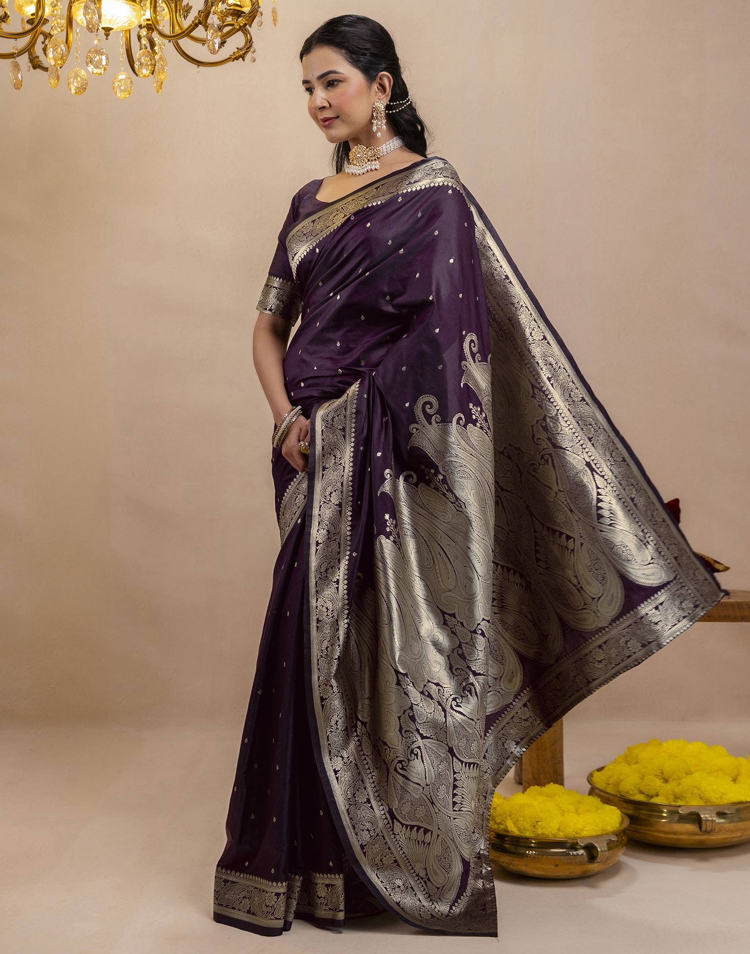 Dark Purple Silk Woven Banarasi Saree - Image 4