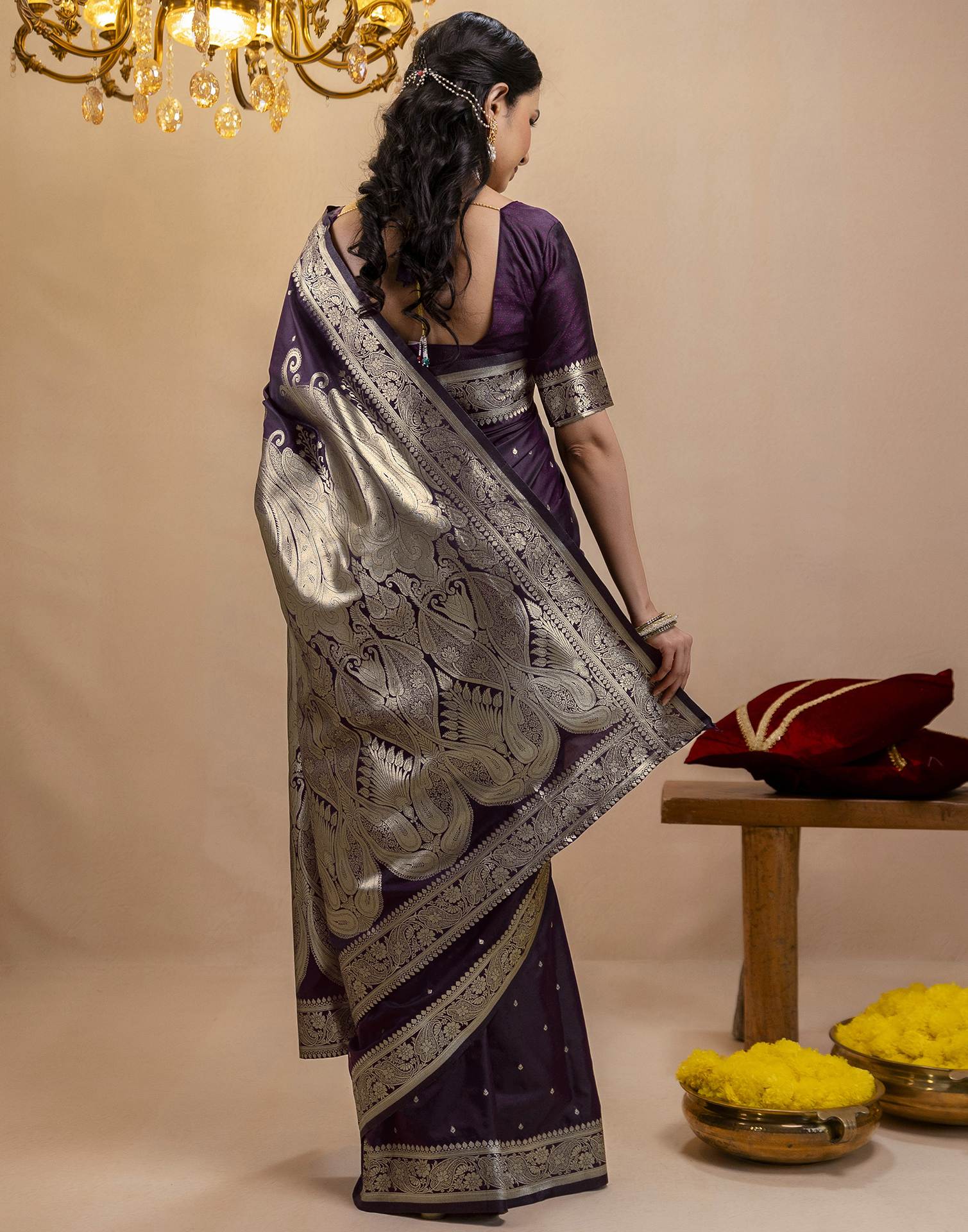 Dark Purple Silk Woven Banarasi Saree - Image 6