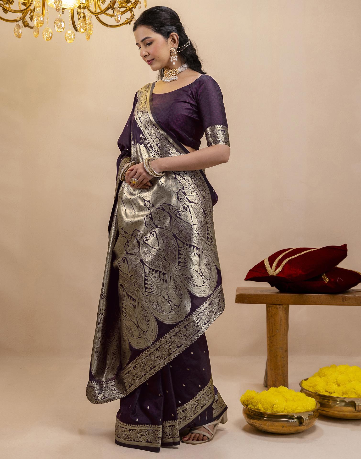 Dark Purple Silk Woven Banarasi Saree - Image 7