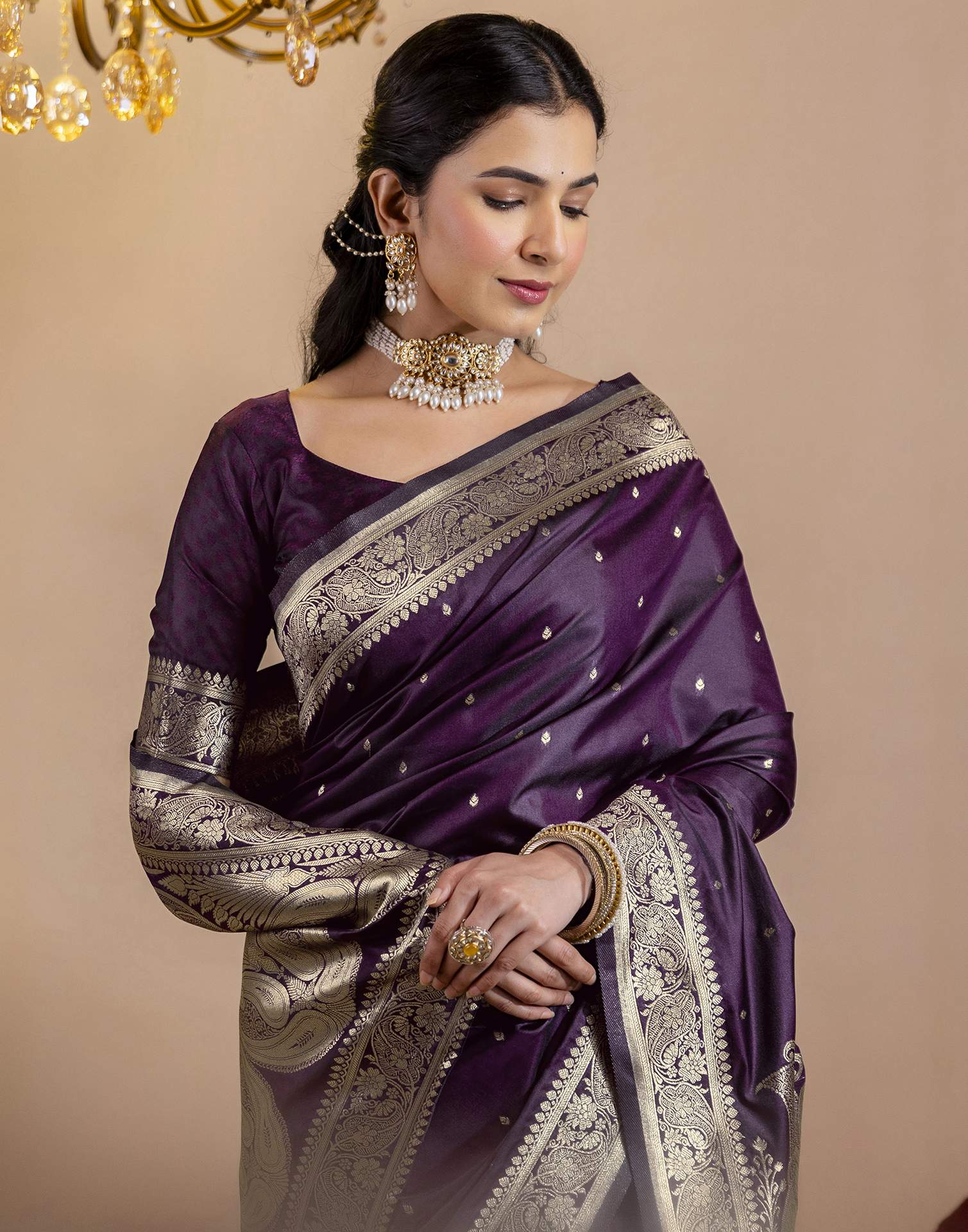 Dark Purple Silk Woven Banarasi Saree - Image 8