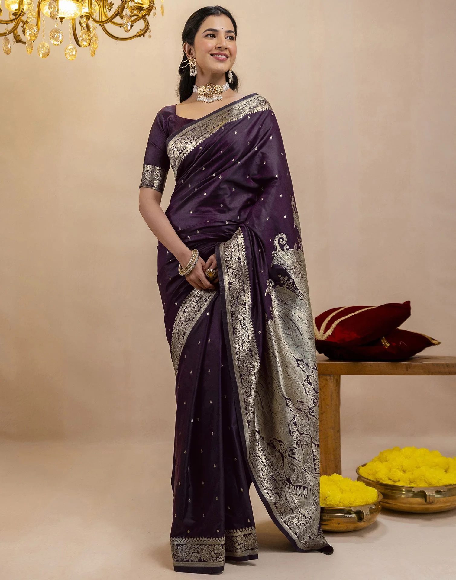 Dark Purple Silk Woven Banarasi Saree - Image 9