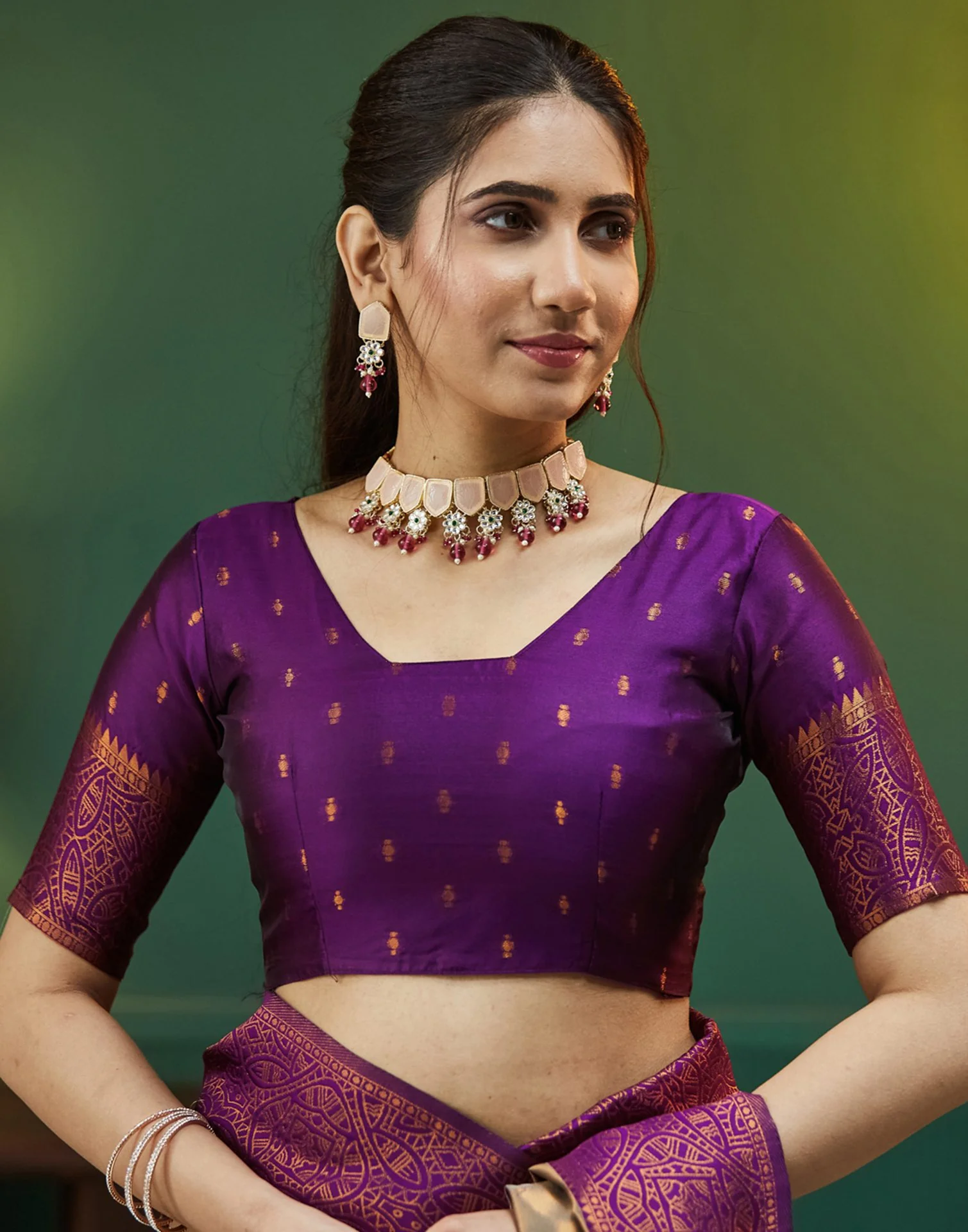 Dark Purple Silk Woven Banarasi Saree - Image 6