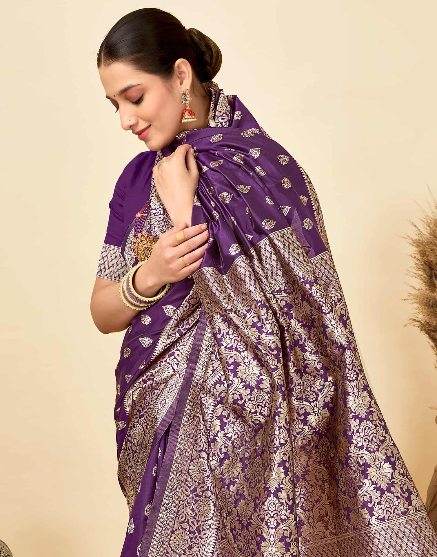 Dark Purple Silk Woven Banarasi Saree - Image 2