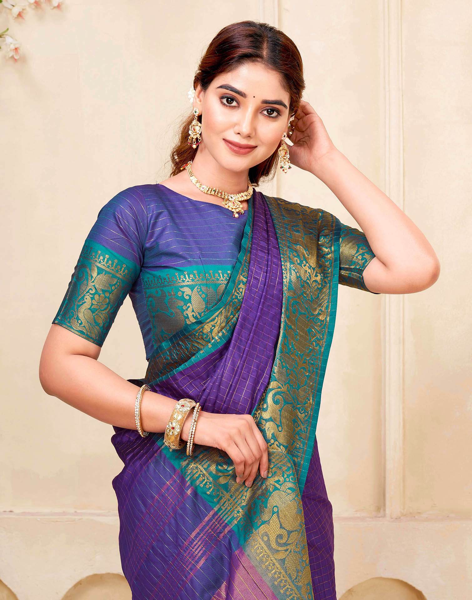 Dark Purple Silk Woven Kanjivaram Saree - Image 2