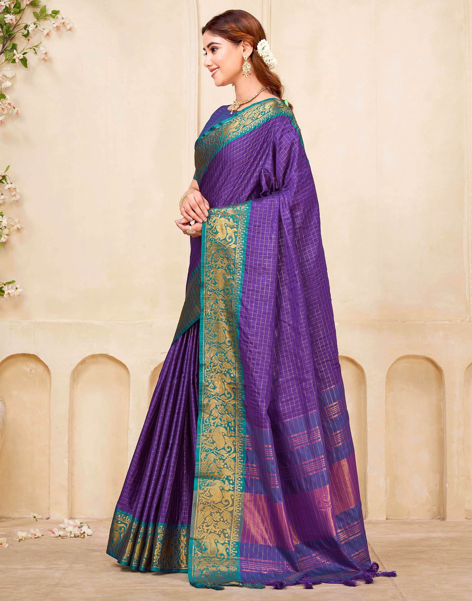Dark Purple Silk Woven Kanjivaram Saree - Image 4
