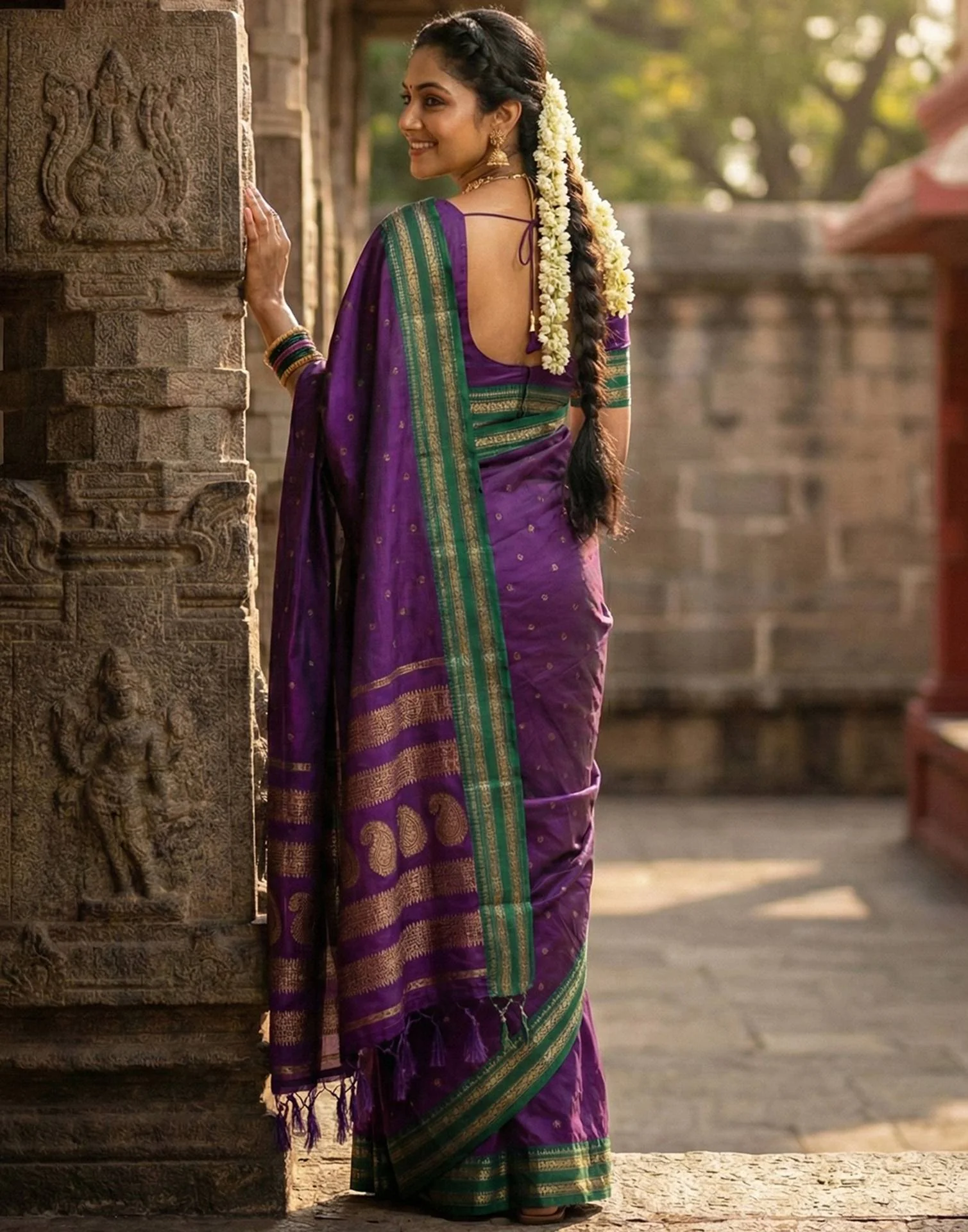 Dark Purple Silk Woven Kanjivaram Saree - Image 4