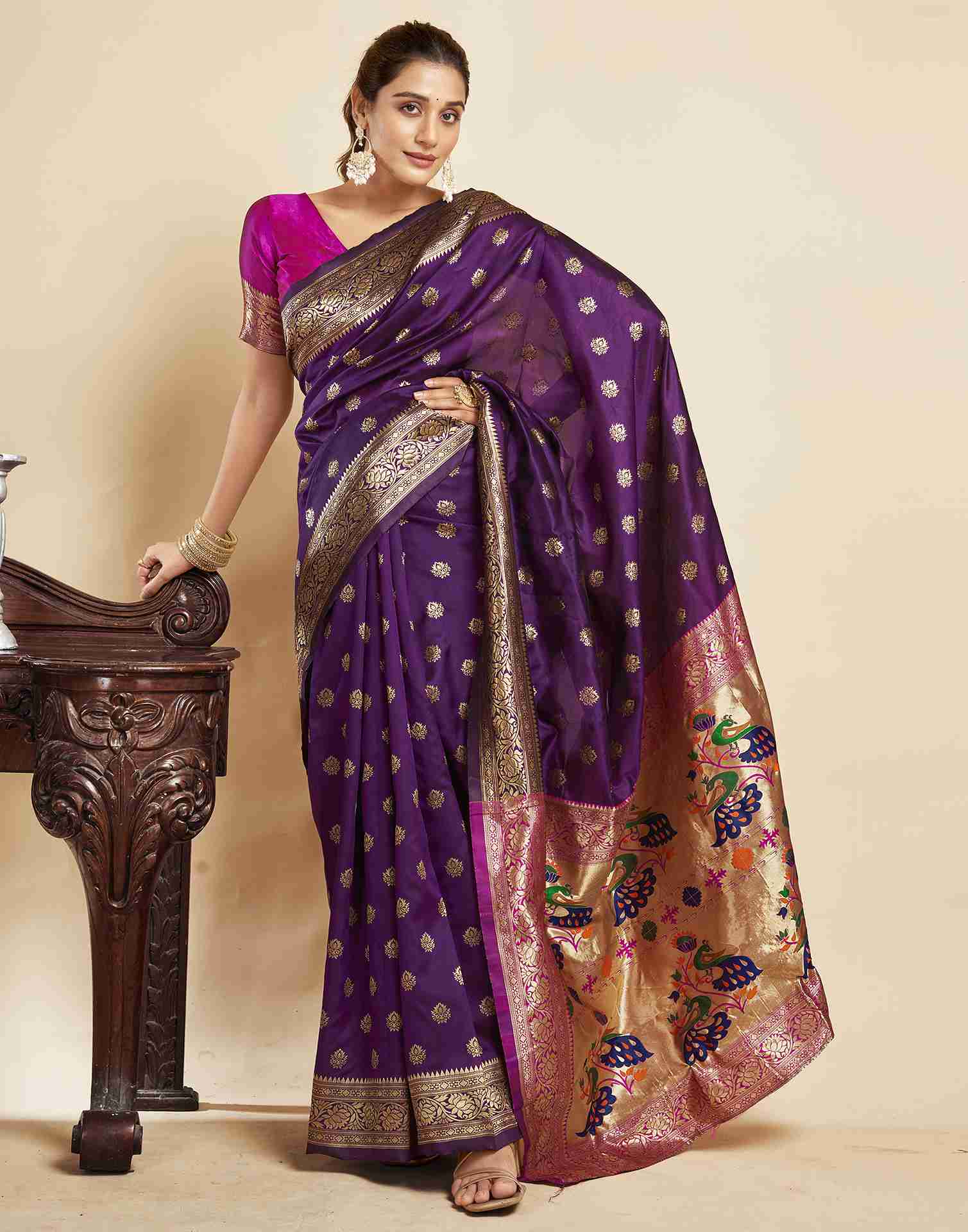 Dark Purple Silk Woven Paithani Saree - Image 5