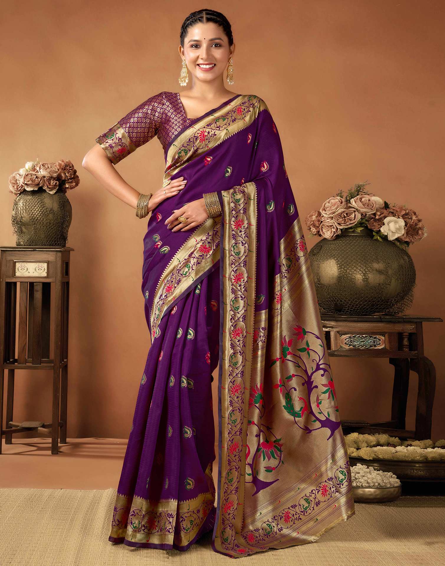 Dark Purple Silk Woven Paithani Saree - Image 2