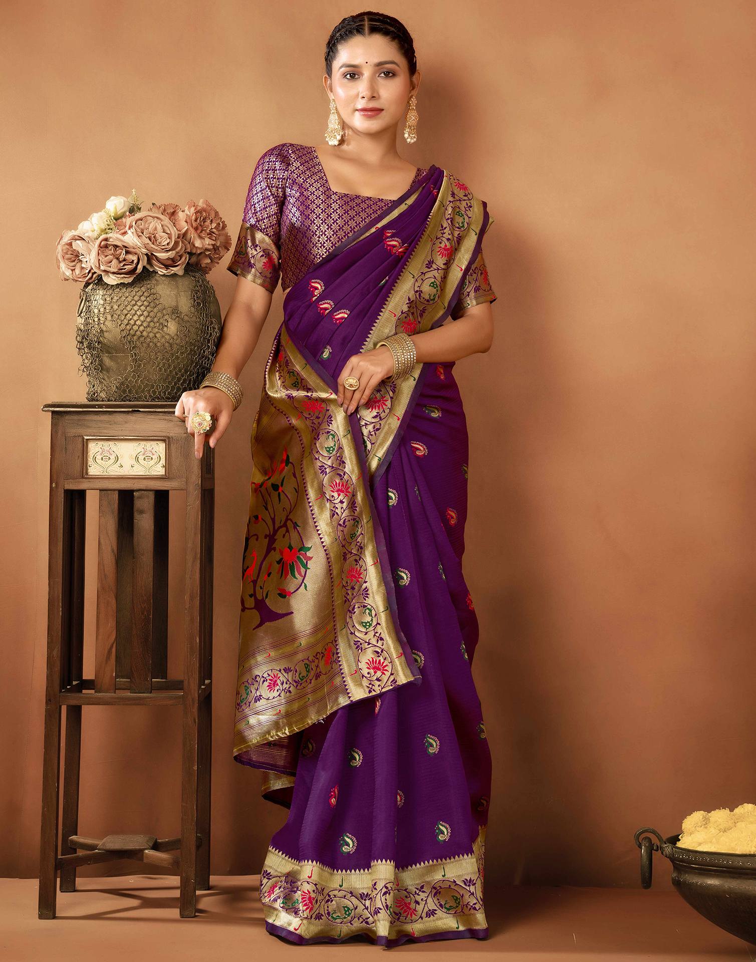 Dark Purple Silk Woven Paithani Saree - Image 5